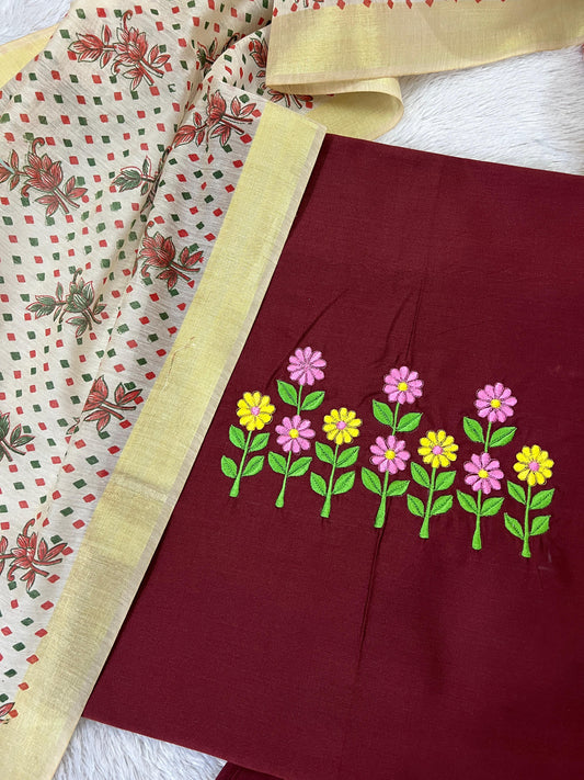 Women's Maroon Floral Embroidered Cotton Suit Set with Printed Dupatta