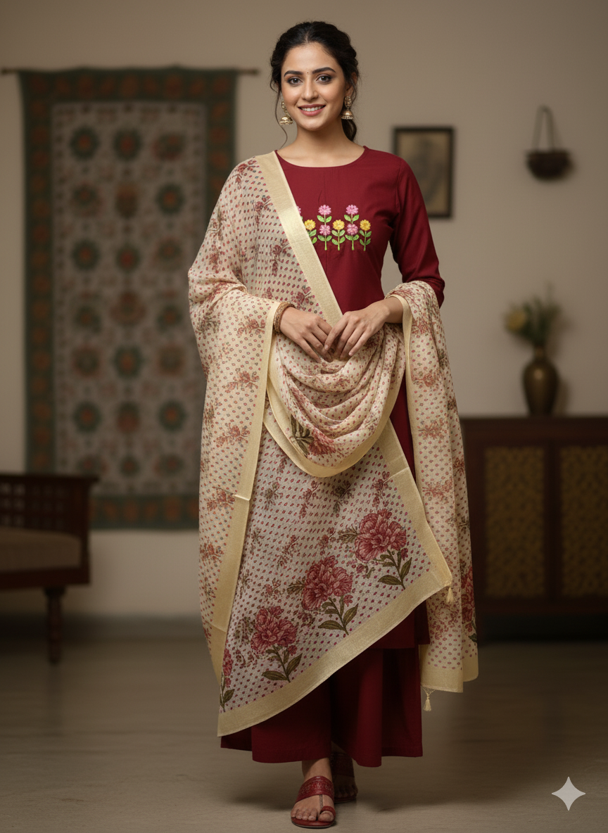 Women's Maroon Floral Embroidered Cotton Suit Set with Printed Dupatta