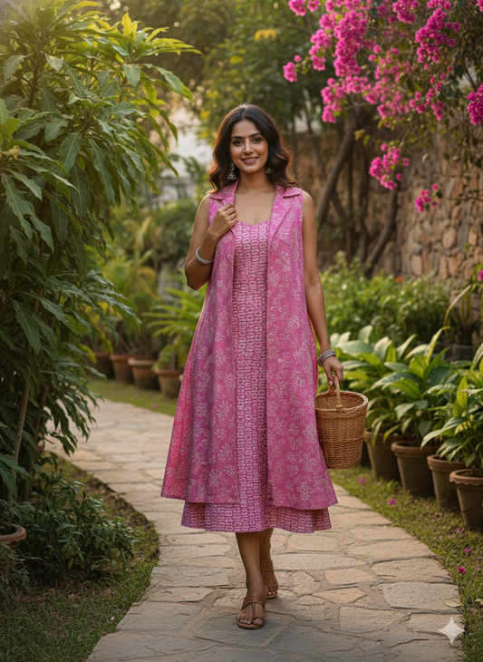 Women's Pink Floral & Geometric Cotton Dress Material Set