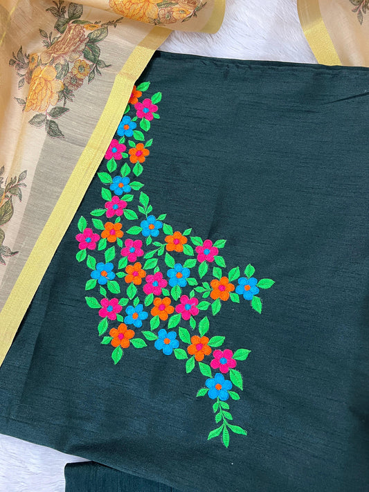 Women's Exclusive Emerald Bloom Embroidered Dress Material with Floral Dupatta