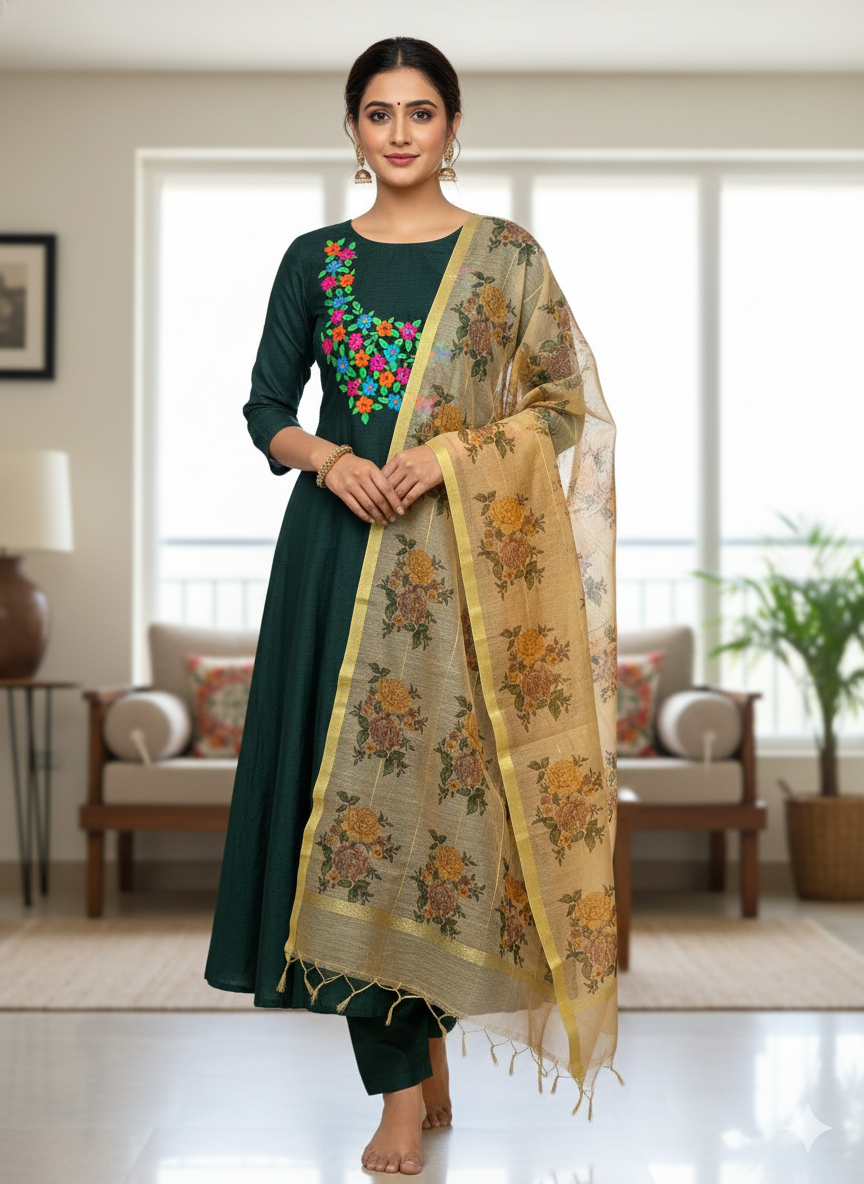 Women's Exclusive Emerald Bloom Embroidered Dress Material with Floral Dupatta