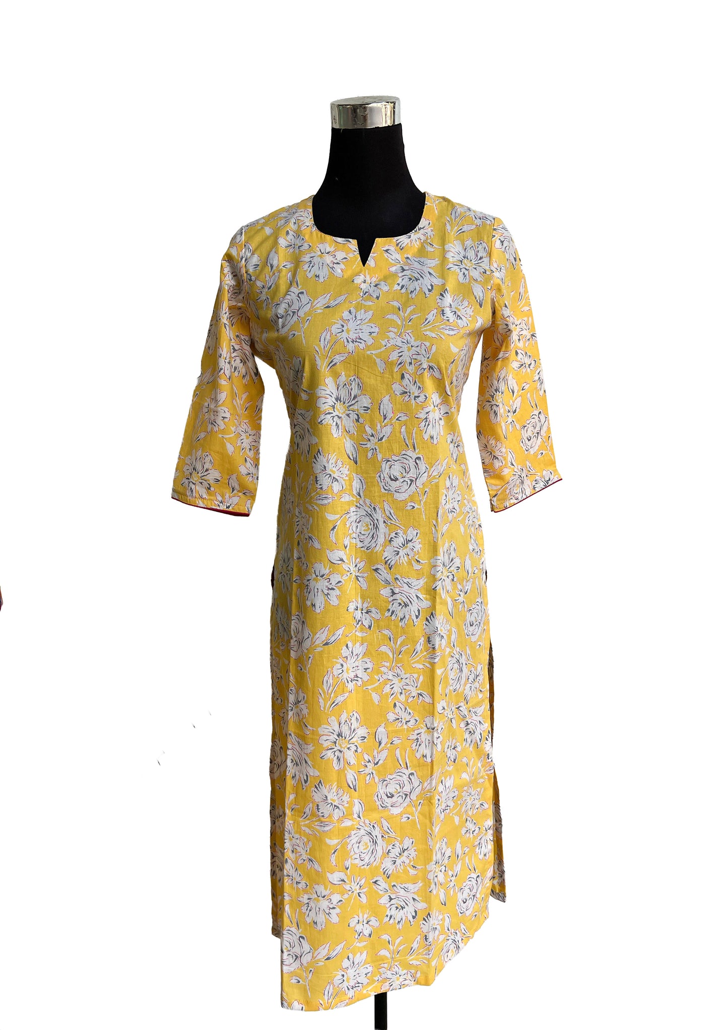 Women’s Yellow Floral Printed Straight Kurti with Three Quarter Sleeves