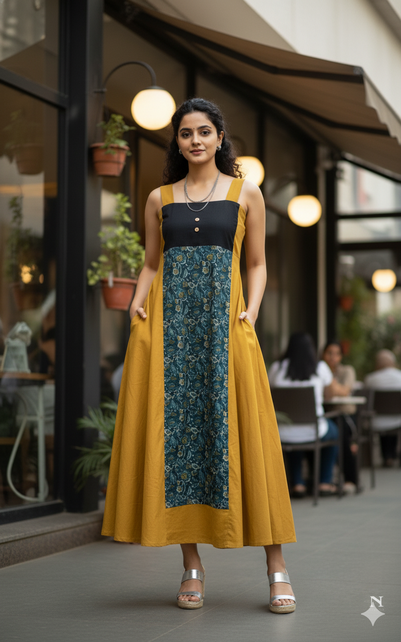 Women's Mustard Yellow, Deep Black, and Printed Teal Blue Long Top