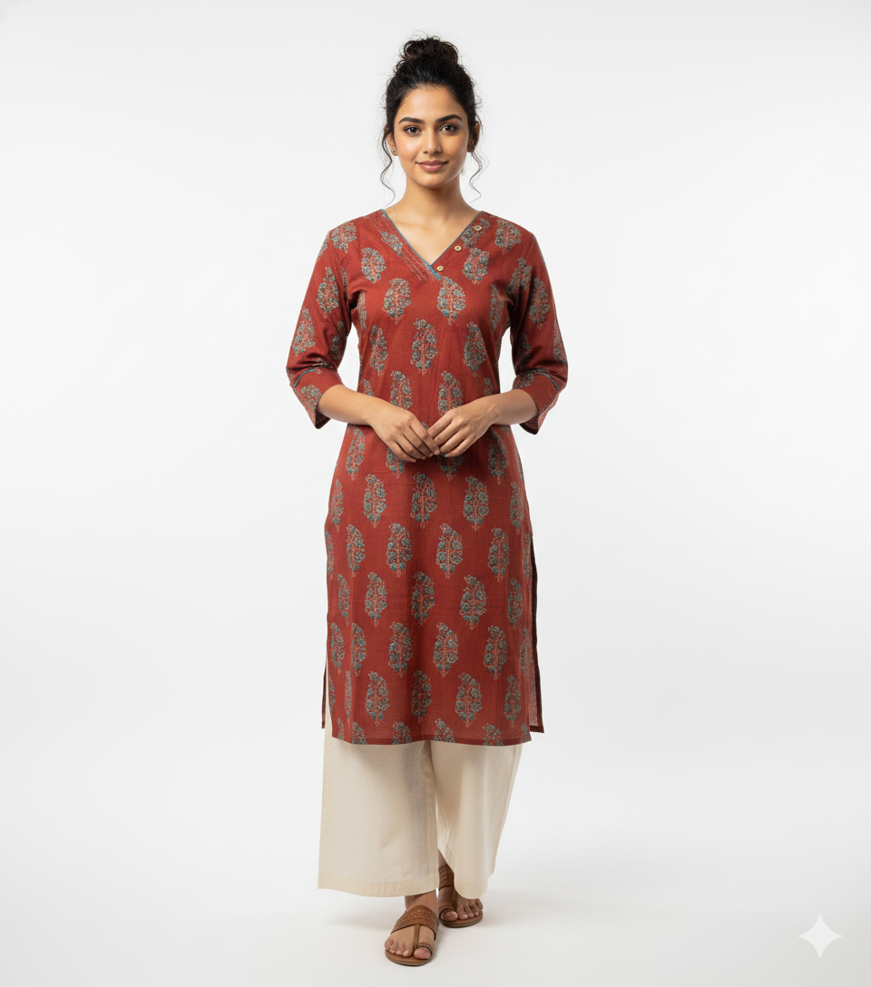 Women's Long Top/Kurti Traditional block print motif, showcasing intricate floral/paisley detailing on Red base.