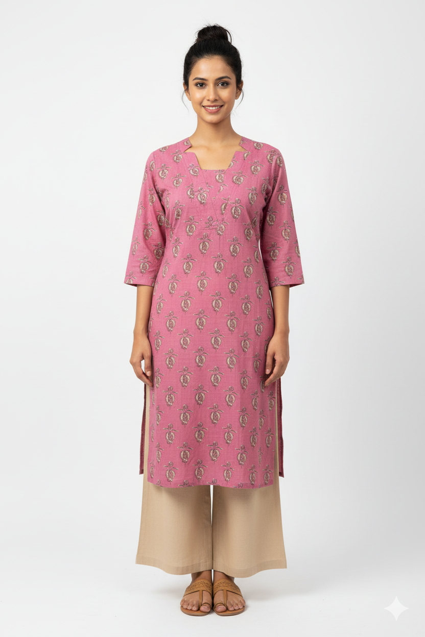 Women's Kurta / Long Top with Gentle mauve/dusty rose hue with a repeating, detailed motif block print in a muted beige or gold-tone