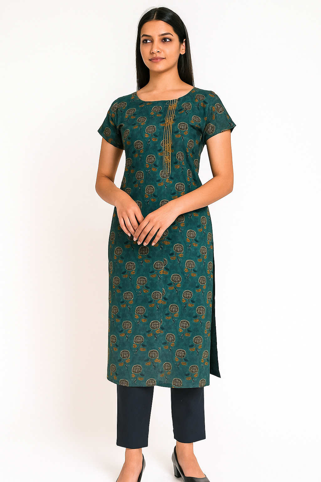 Women's Long Top or Kurta with Rich deep teal/forest green with an elaborate, repetitive motif print in muted gold and brown
