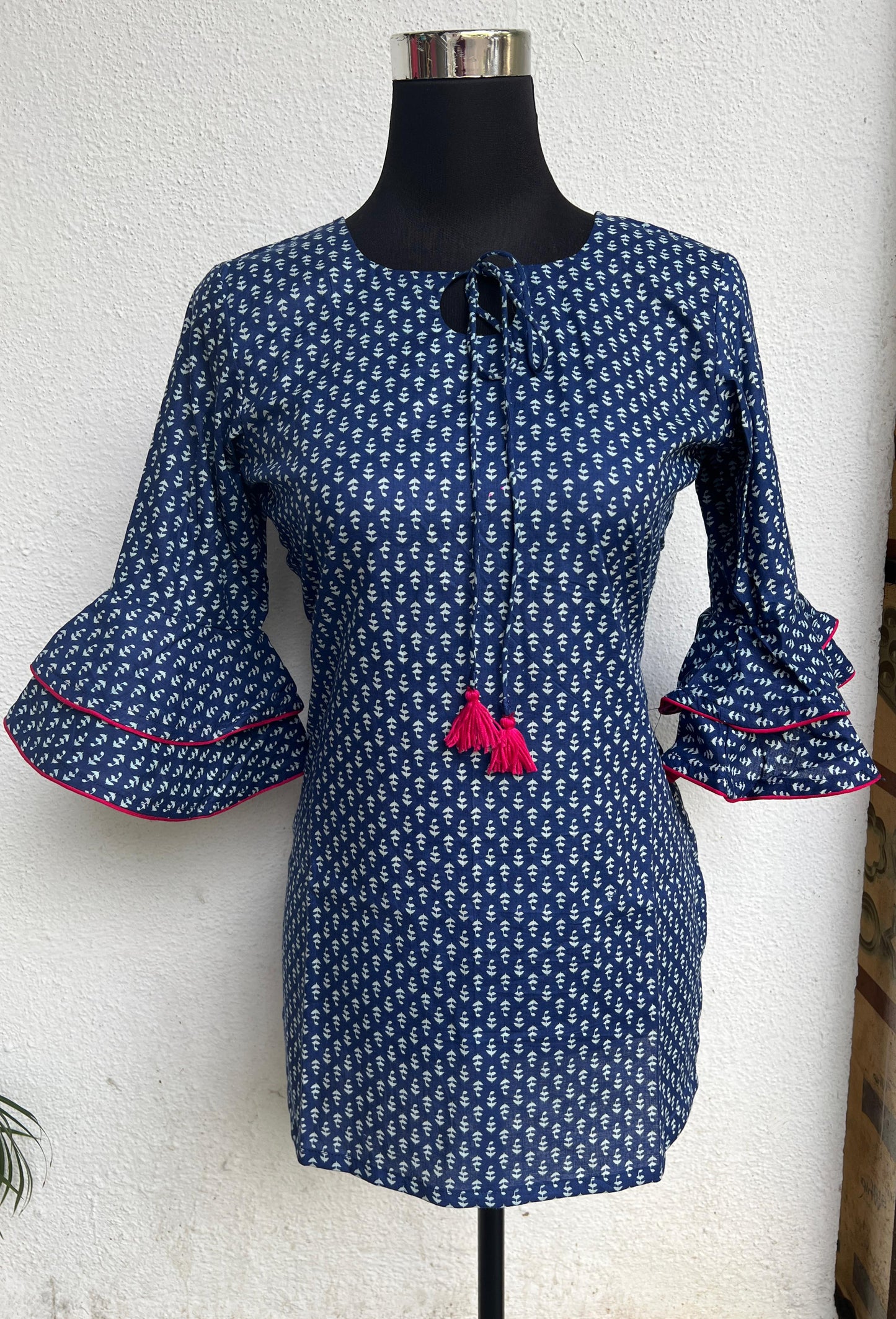 Women's Tunic Top/ Short Top with Navy Blue base and white symmetric print with Ruffle Sleeves