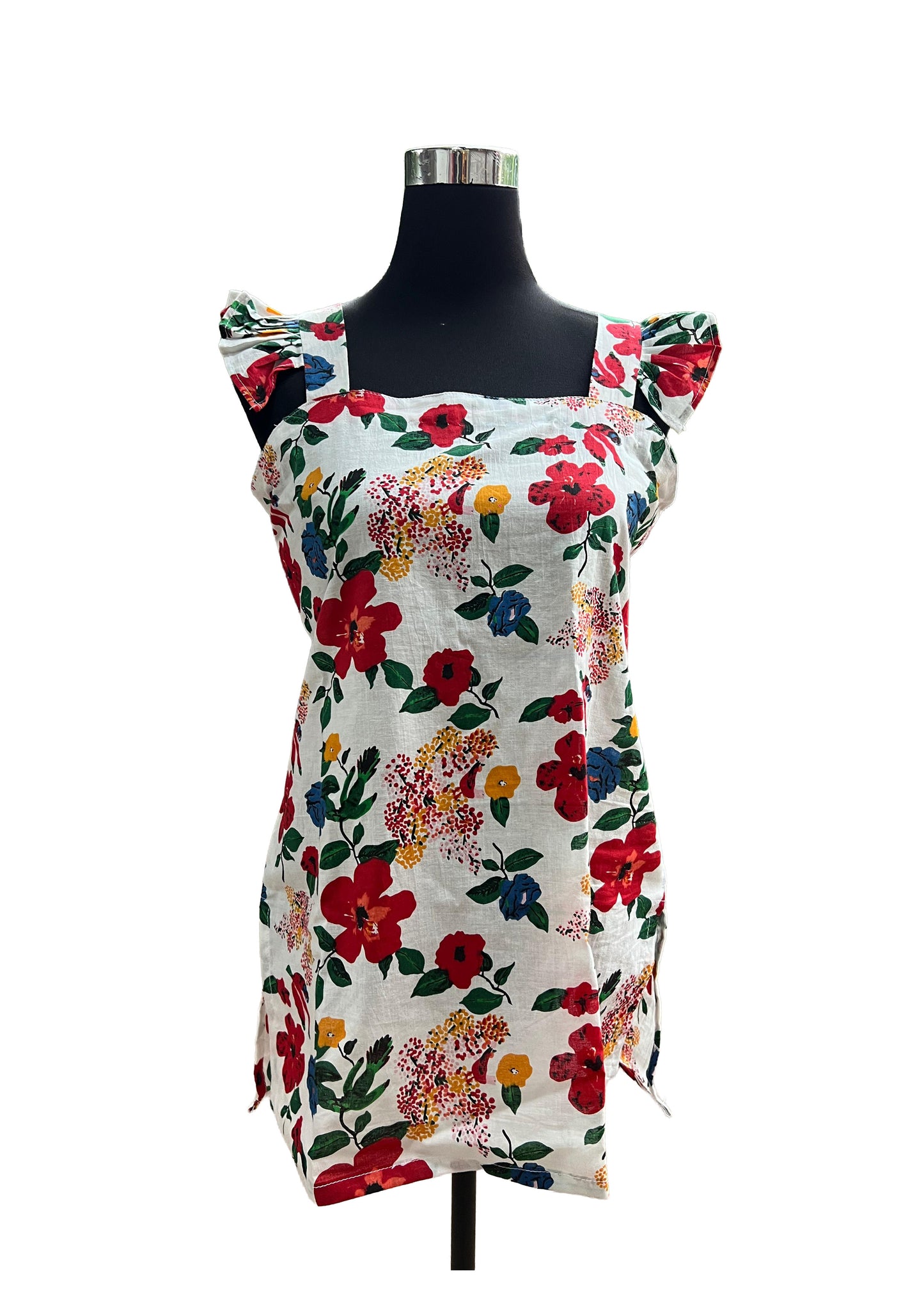 Women’s White Floral Printed Sleeveless Short Top with Ruffled Straps