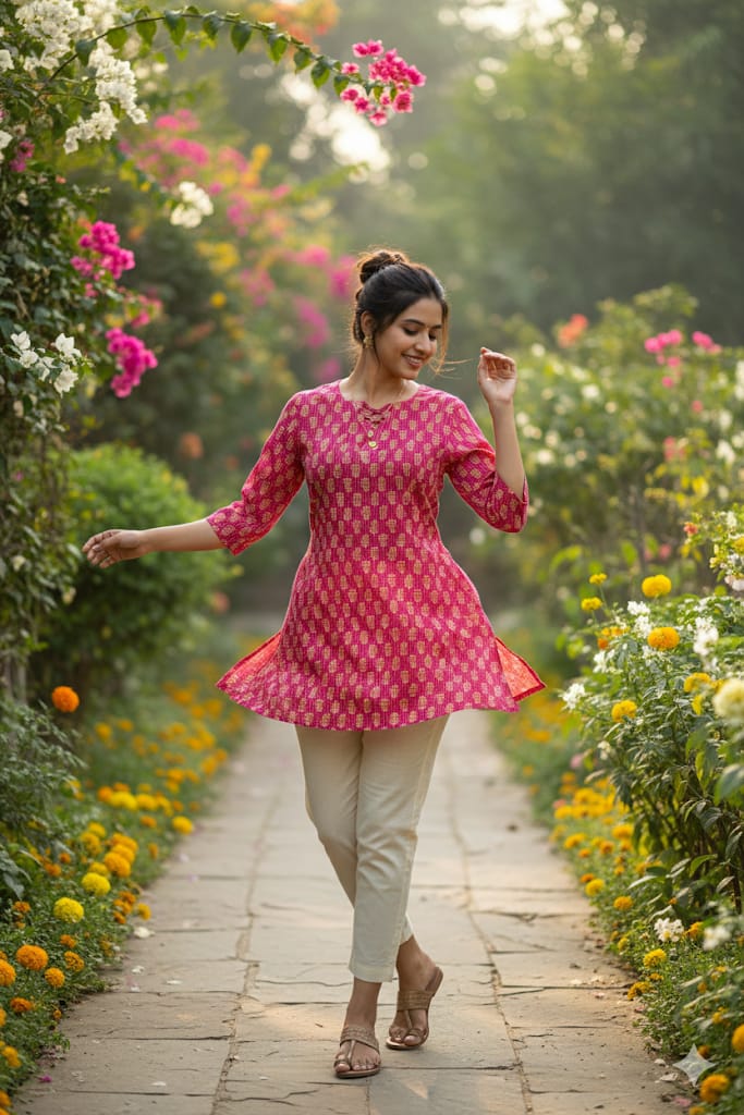 Wome's Short Top/ Tunic Top with Vibrant Rani Pink Base and Light White/Biege Print