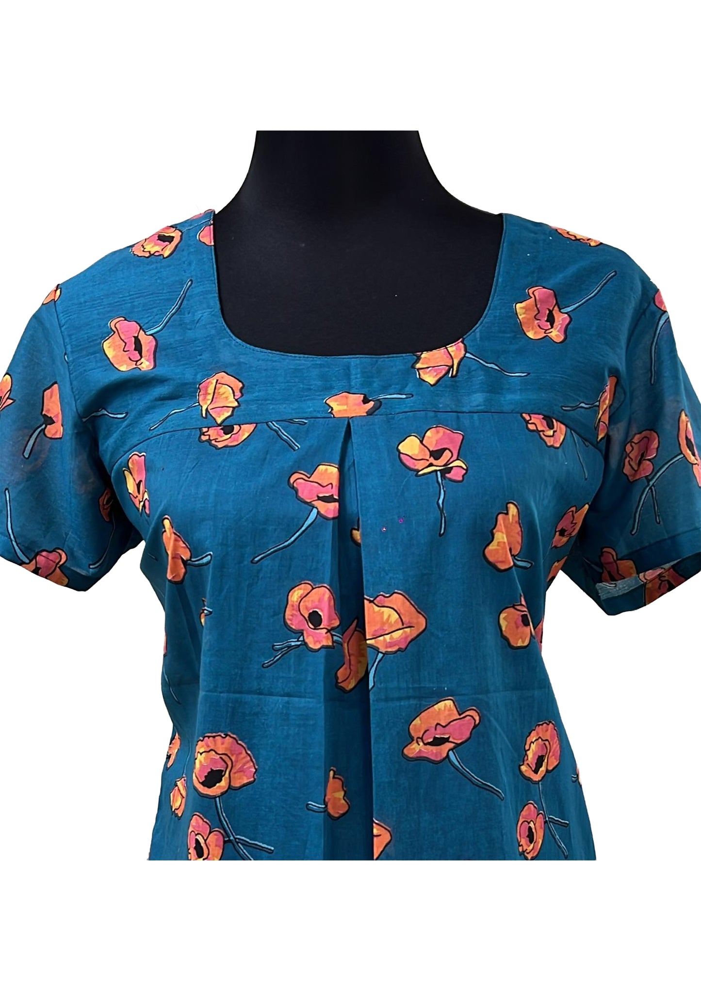 Women's Tunic Top / Short Top with Bold, Large Floral Print in Orange/Coral Tones having Teal Blue Base.