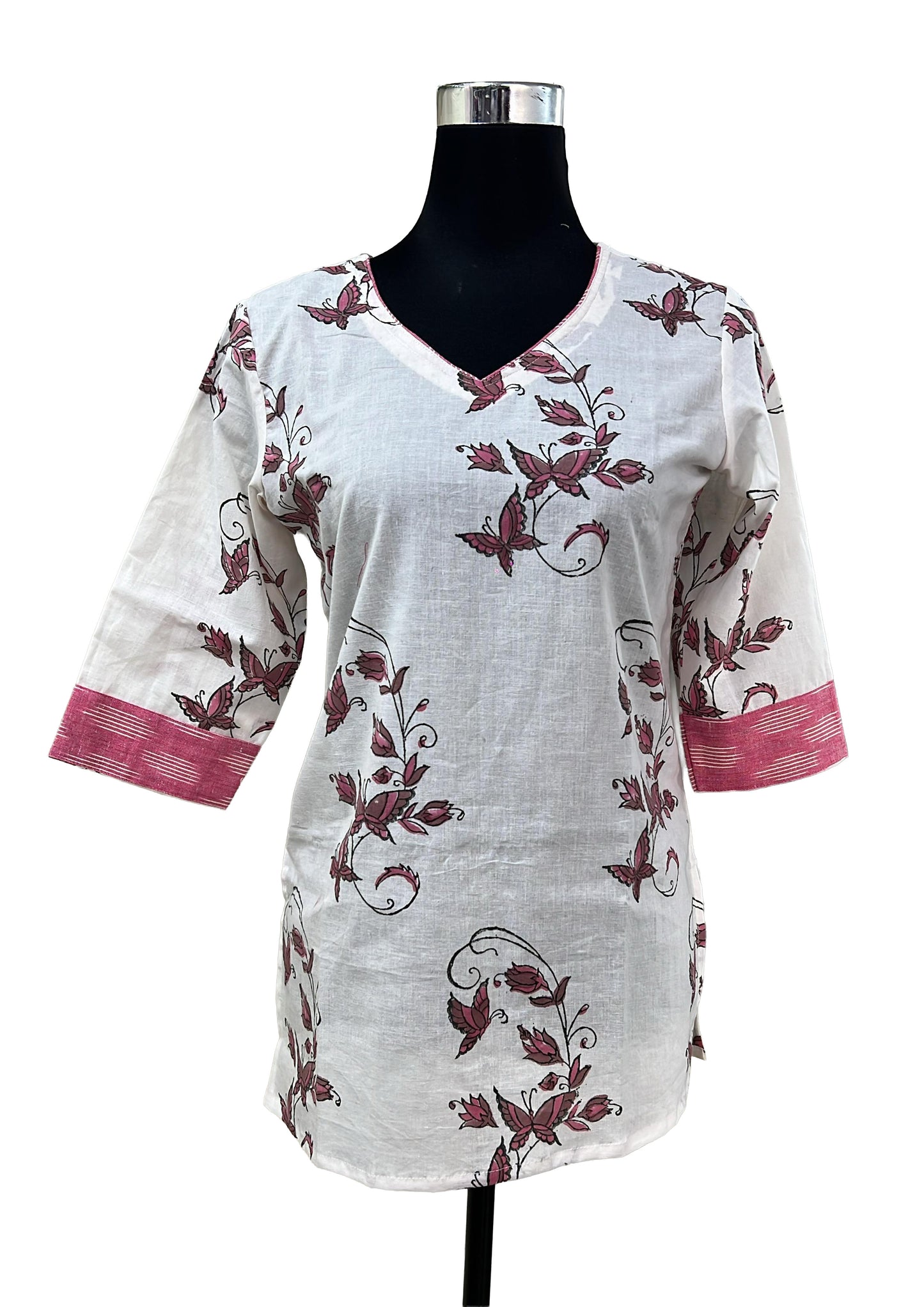 Women’s Off-White Floral Printed Cotton Top with V-Neck