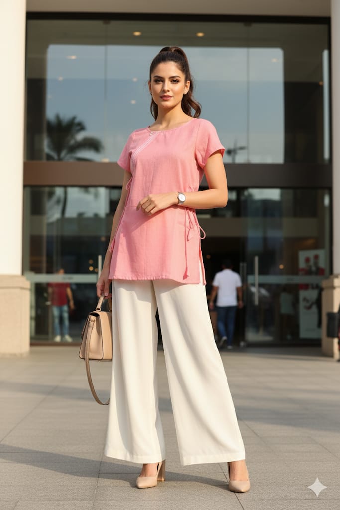 Women's Modern, minimalist, and versatile short tunic length Top / Short Top with Plain Light Pink Colour