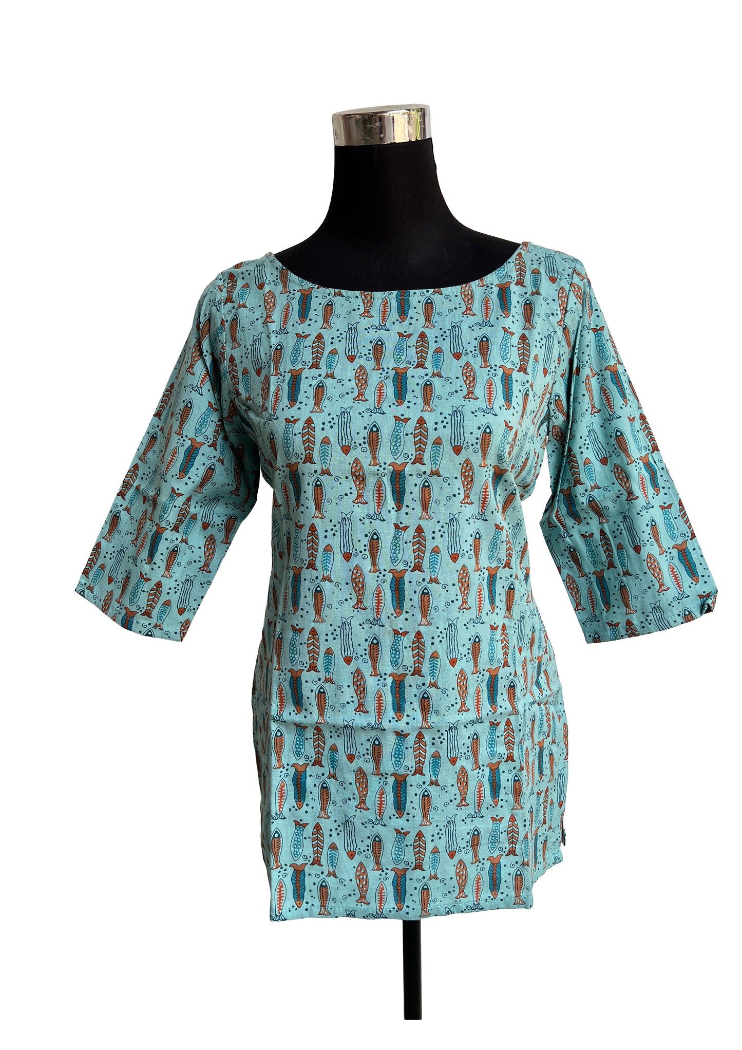 Women's Refreshing Aqua Blue with Multicolor Print Tunic Top/Short Top