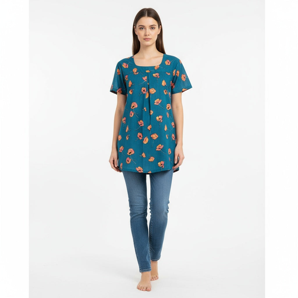 Women's Tunic Top / Short Top with Bold, Large Floral Print in Orange/Coral Tones having Teal Blue Base.