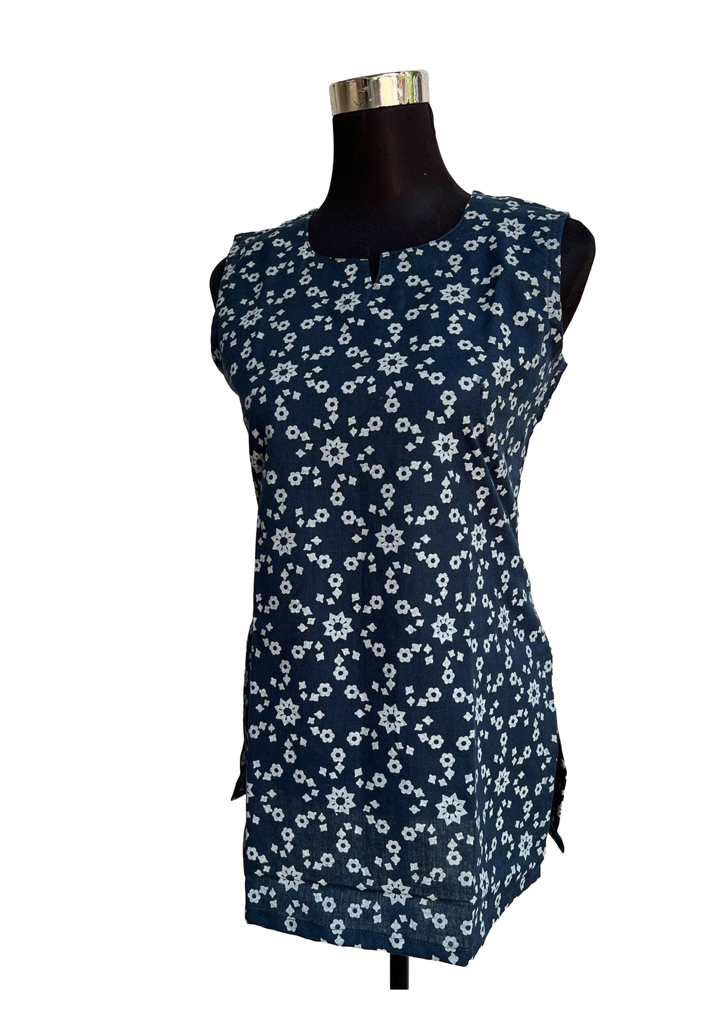 Women’s Navy Blue Printed Sleeveless Short Top | Ethnic Floral Motif | Round Neck Casual Wear Top