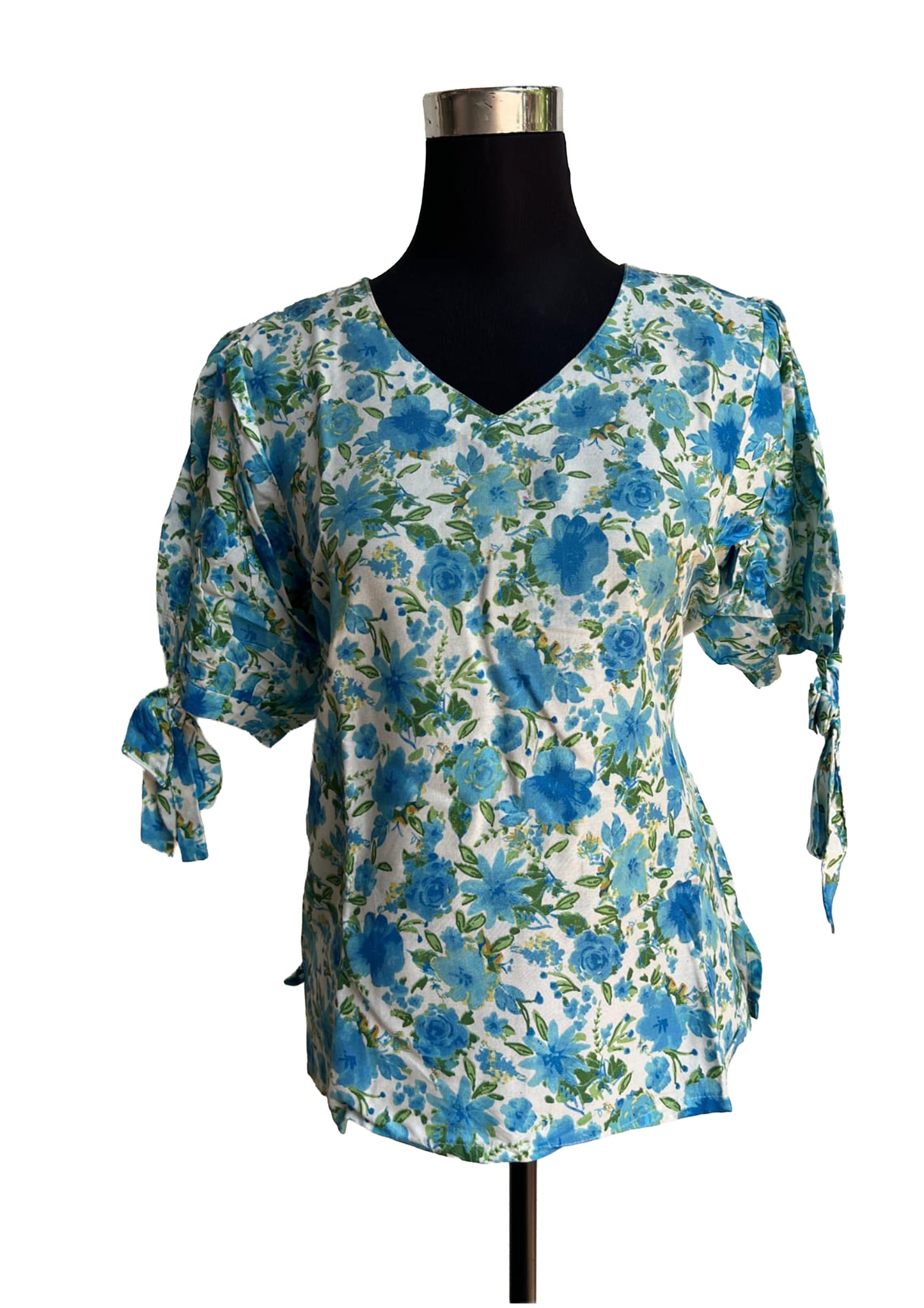 Women’s White & Blue Floral Printed Top | V-Neck Casual Top with Tie-Up Sleeves | Comfort Fit Top for Office & Daily Wear