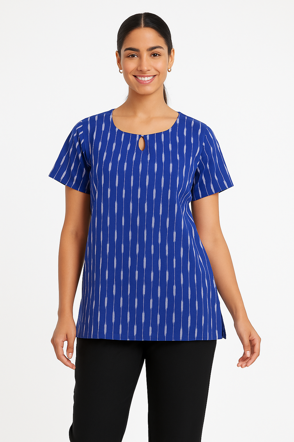 Royal Blue Vertical Stripes Print Cotton Tunic Top / Kuti with Keyhole Neck