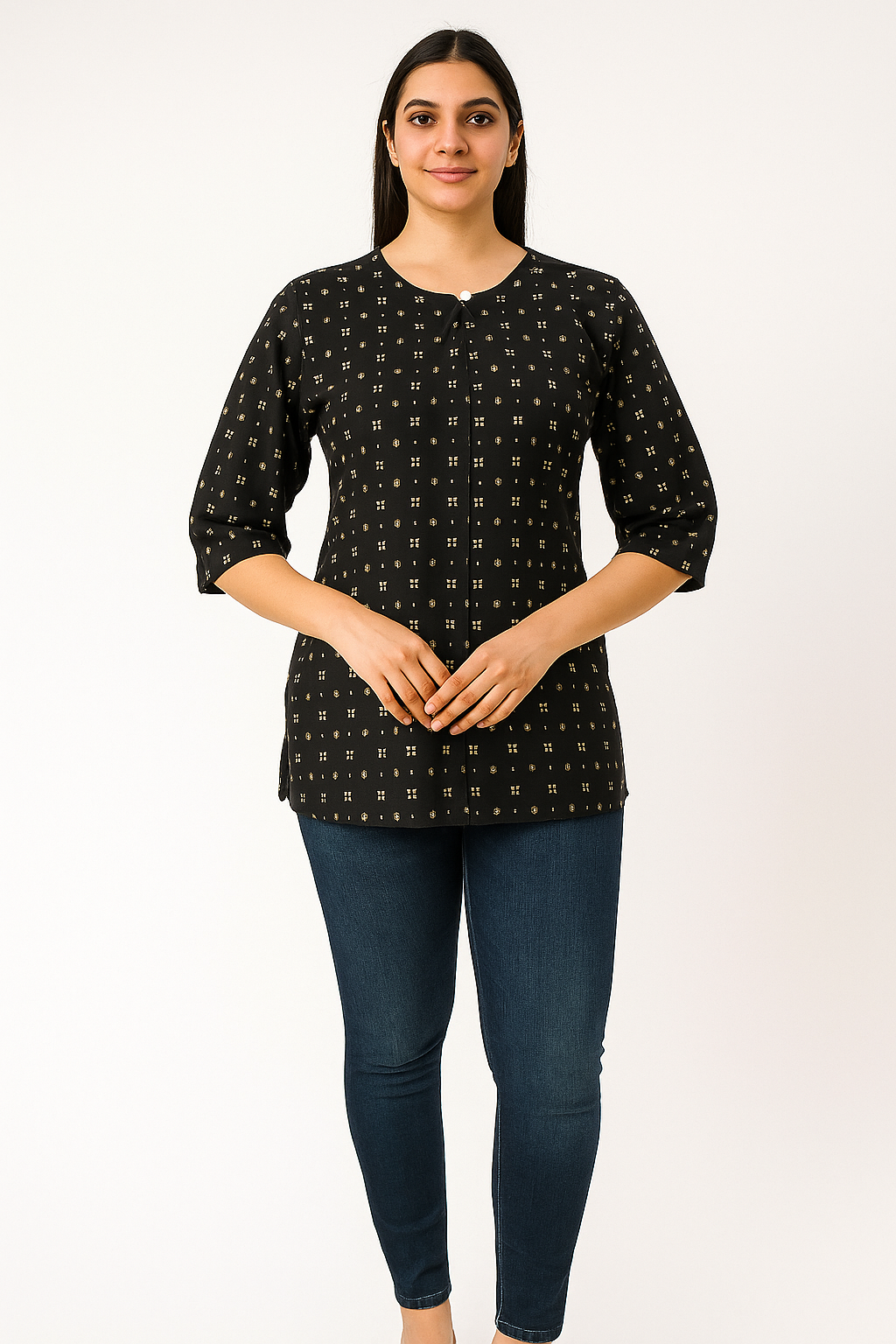 Womens Classic Black base with Gold or Beige/Khaki accents in the print Tunic Top / Short Kurti
