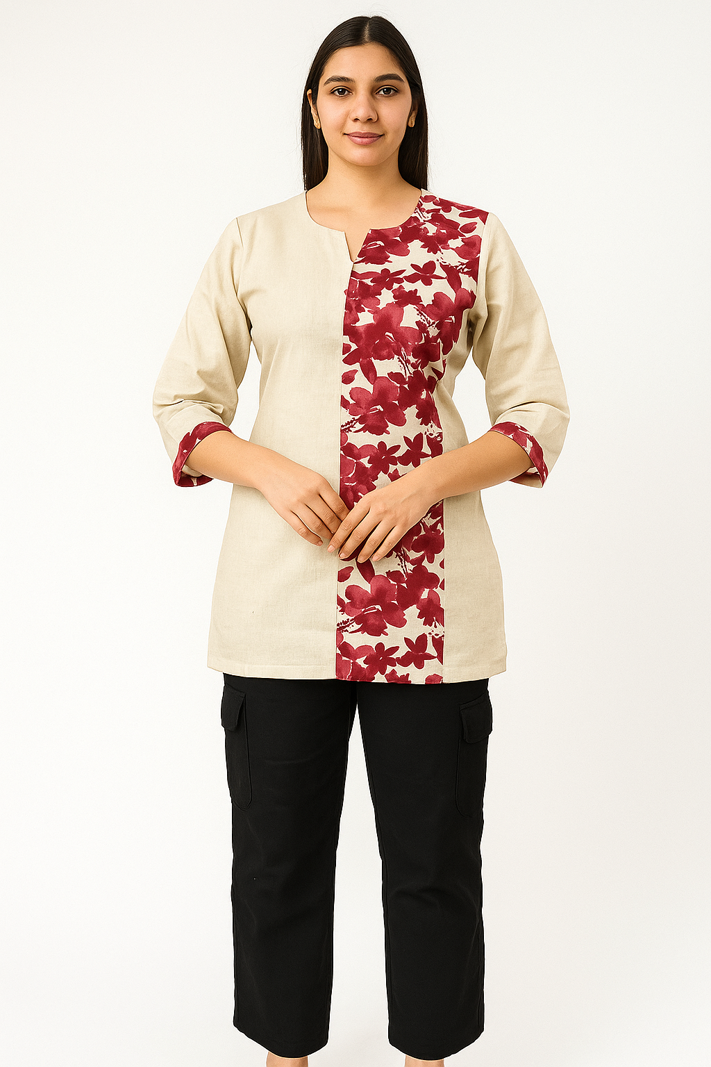 Women's Off White Colour Tunic Top / Short Kurti with Block Maroon Floral Print Patch