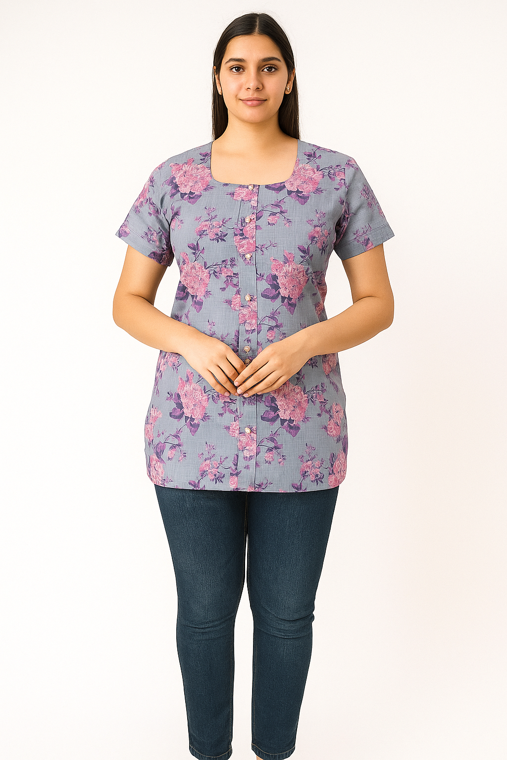 Women's Lavender/Periwinkle Grey base color with Bright Pink/Mauve Short Top / Tunic Top with Short Sleeves