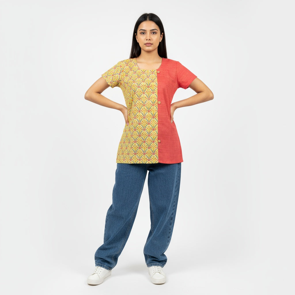 Women's Modern, Artistic, and Unique Tunic Top/ Short Top with Dual Tone Combination of Yellow/Green Print and Solid Coral/Red