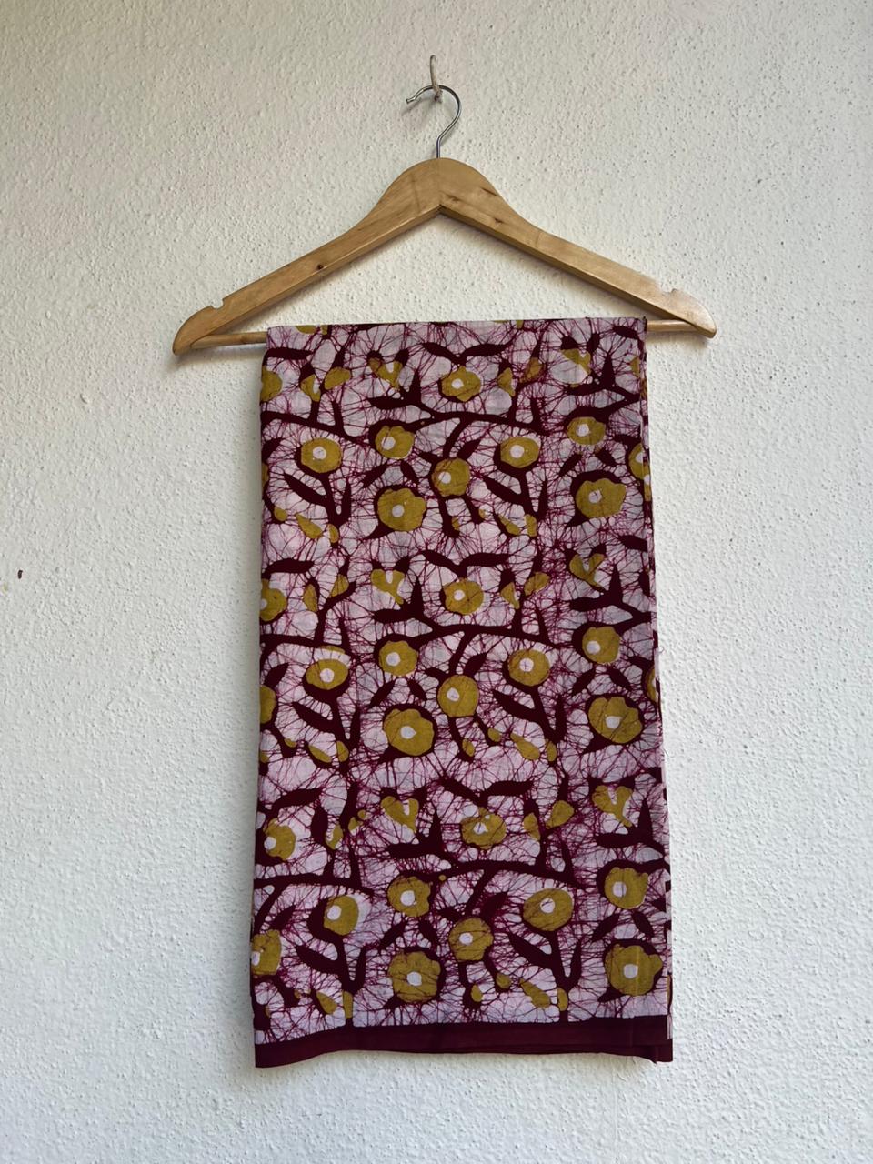 handblock batik Maroon and Yellow Floral print with white base colour kurta material fabric
