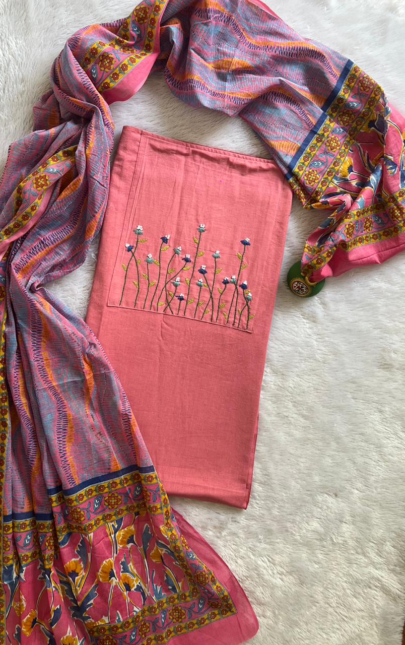 cotton hand embroidery kurta material fabrics with floral duptta set