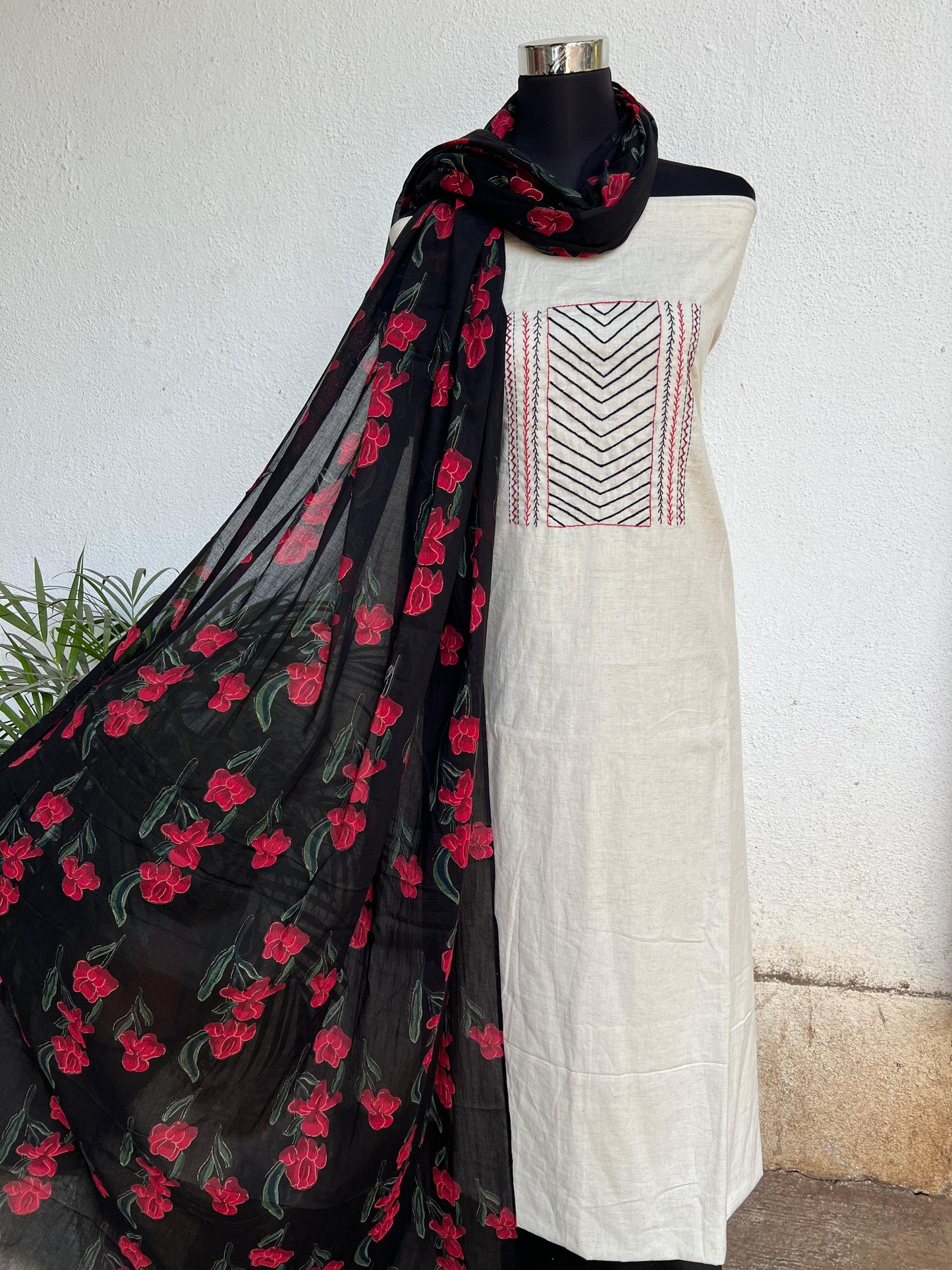 cotton hand embroidery kurta material fabrics with floral duptta set