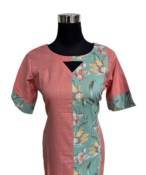 Women’s Peach & Aqua Floral Panel Straight Kurti