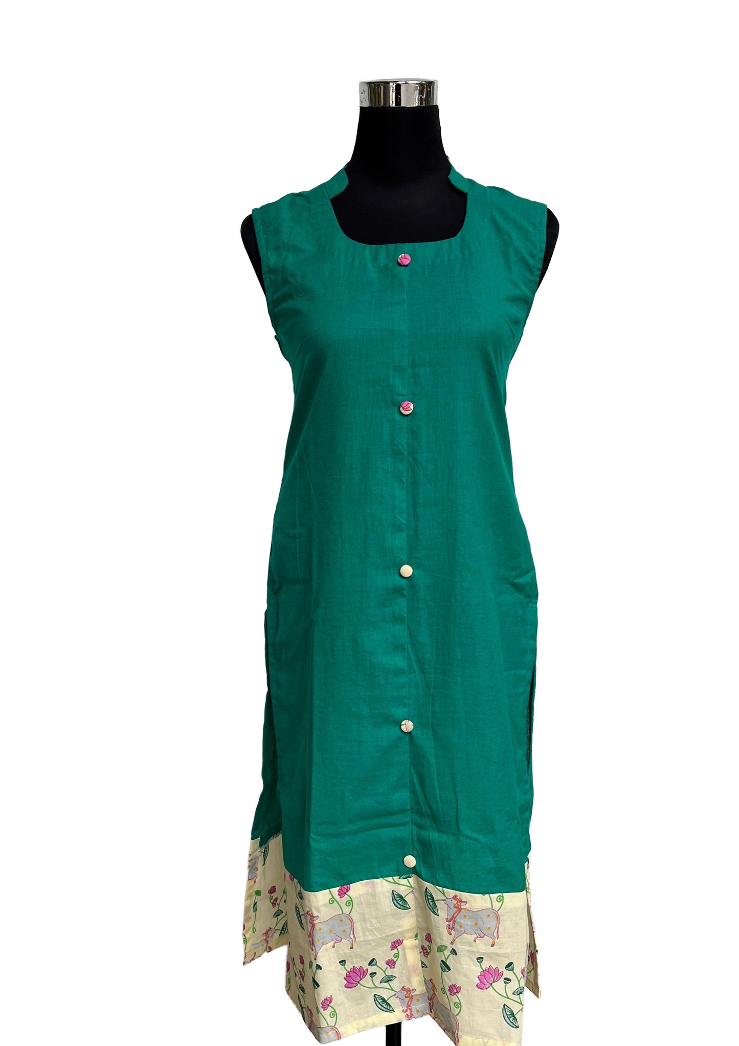 Women’s Green Sleeveless Straight Kurti with Pichwai Printed Layer