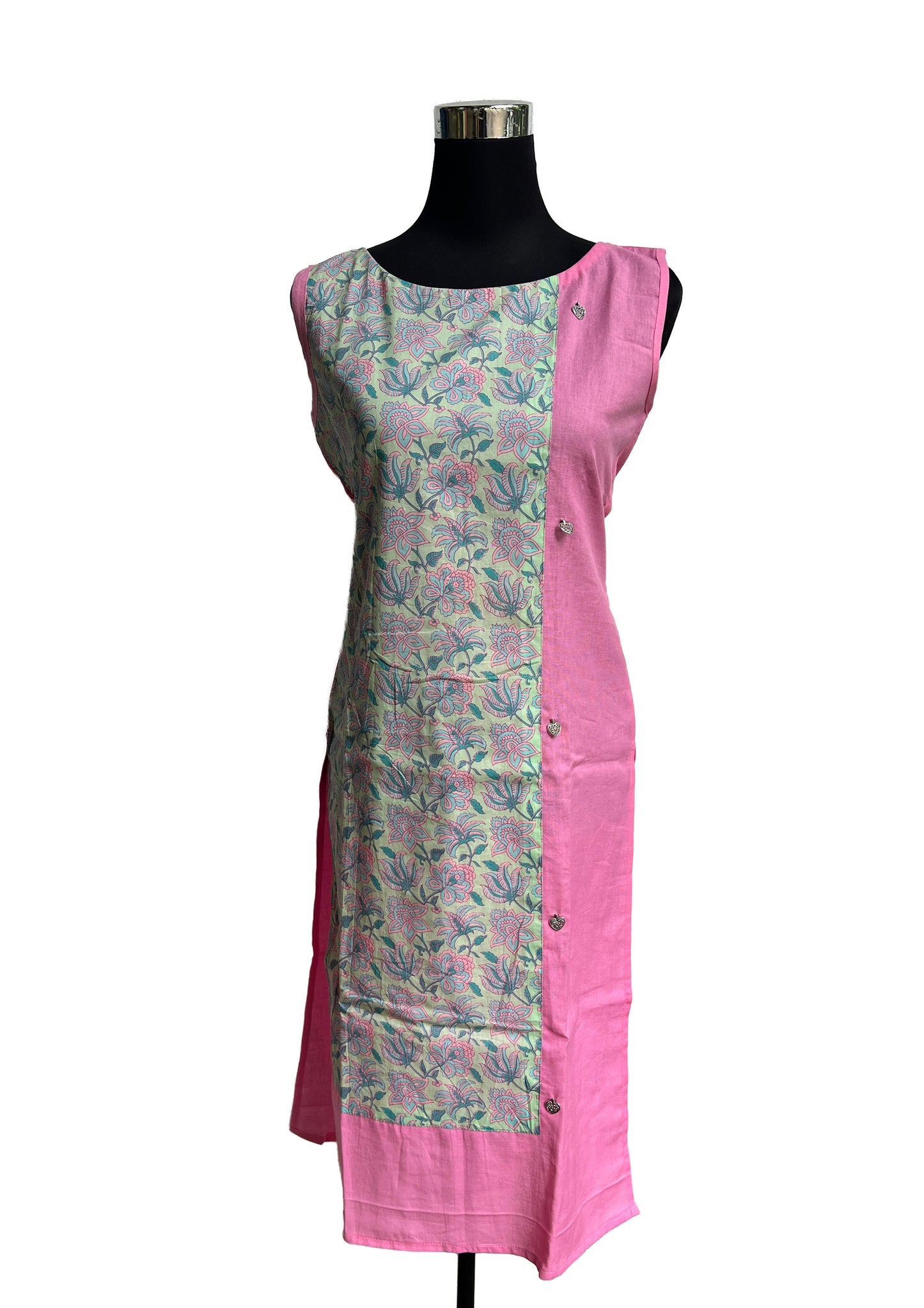Women’s Pink & Green Floral Printed Straight Kurti with Sleeveless Design
