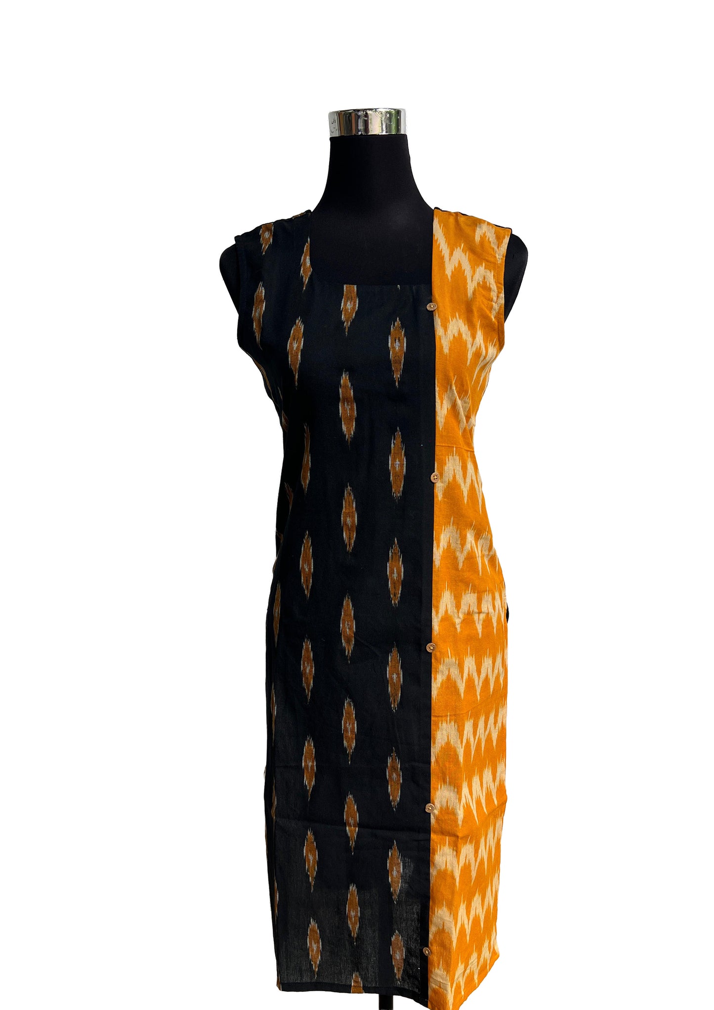 Women’s Black & Mustard Pure Ikkat cotton Straight Kurti with Sleeveless Design