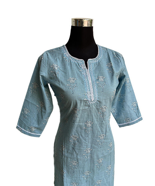 Women’s Sky Blue Floral Printed Straight Kurti with Embroidered Neckline