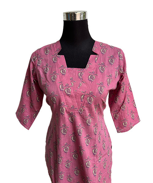 Women’s Rose Pink Ethnic Motif Straight Cotton Kurti