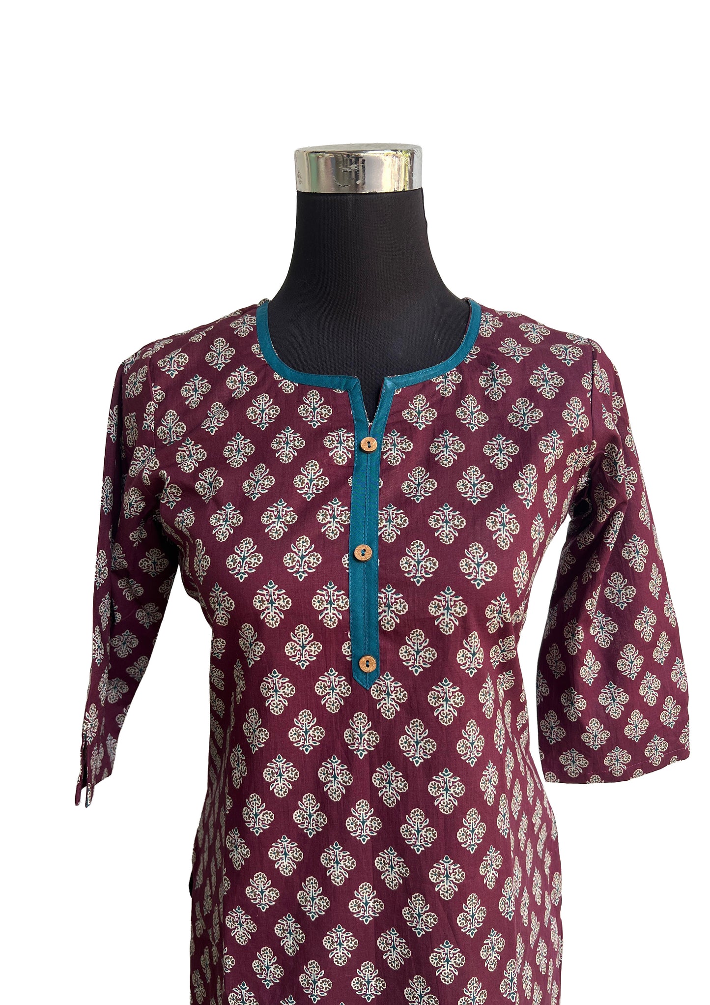 Women’s wine colour floral Motif Straight Cotton Kurti with Contrast Placket