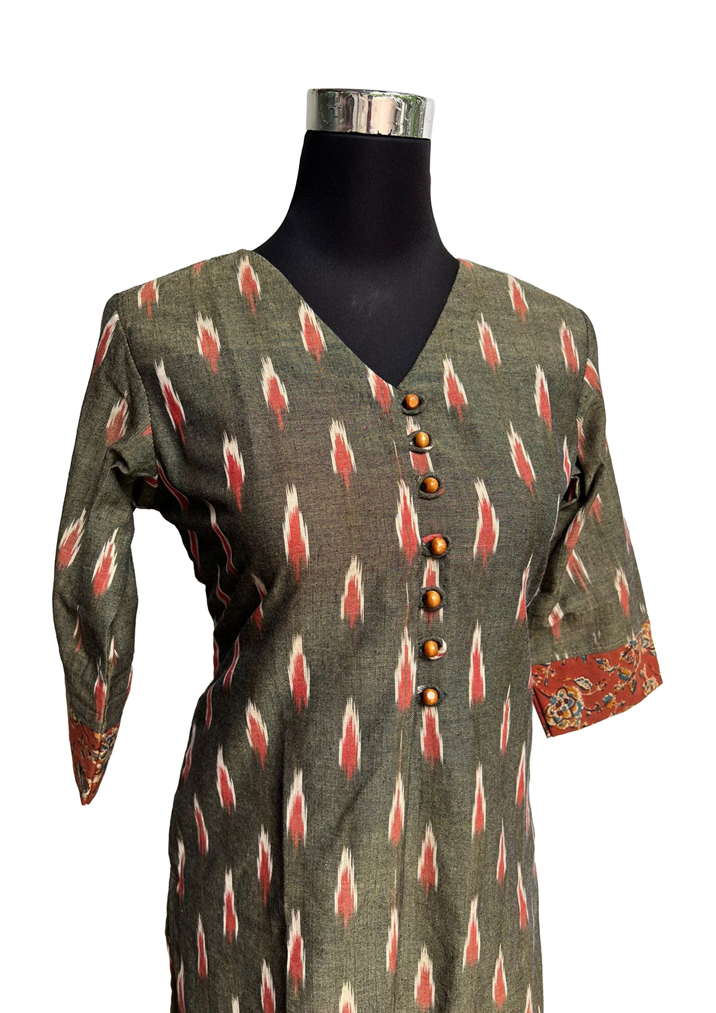 Women’s Olive Grey Ikat Print Straight Kurti with Wooden Buttons
