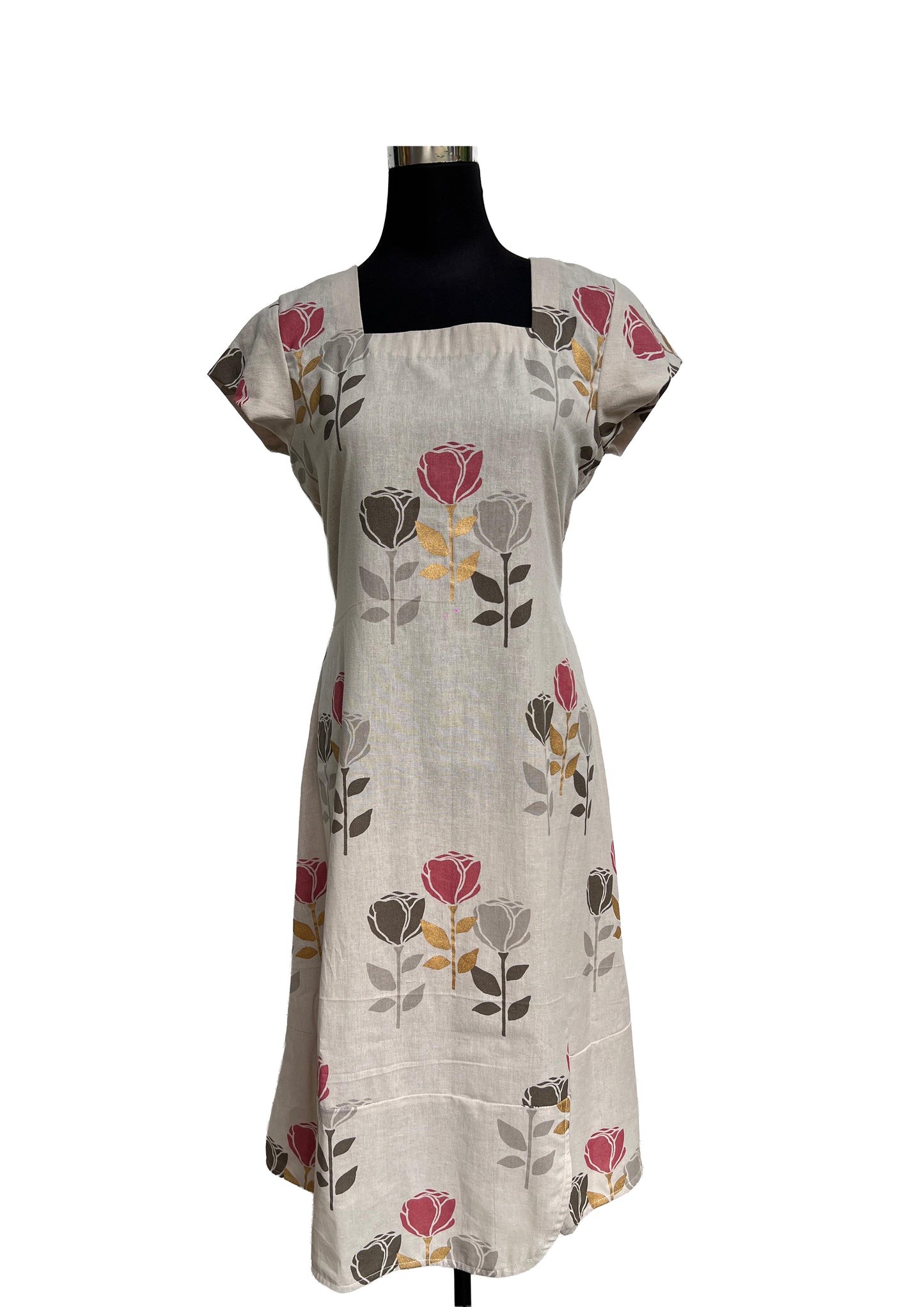 Women’s Elegant Floral Printed Cotton Midi Dress – Square Neck, Cap Sleeves
