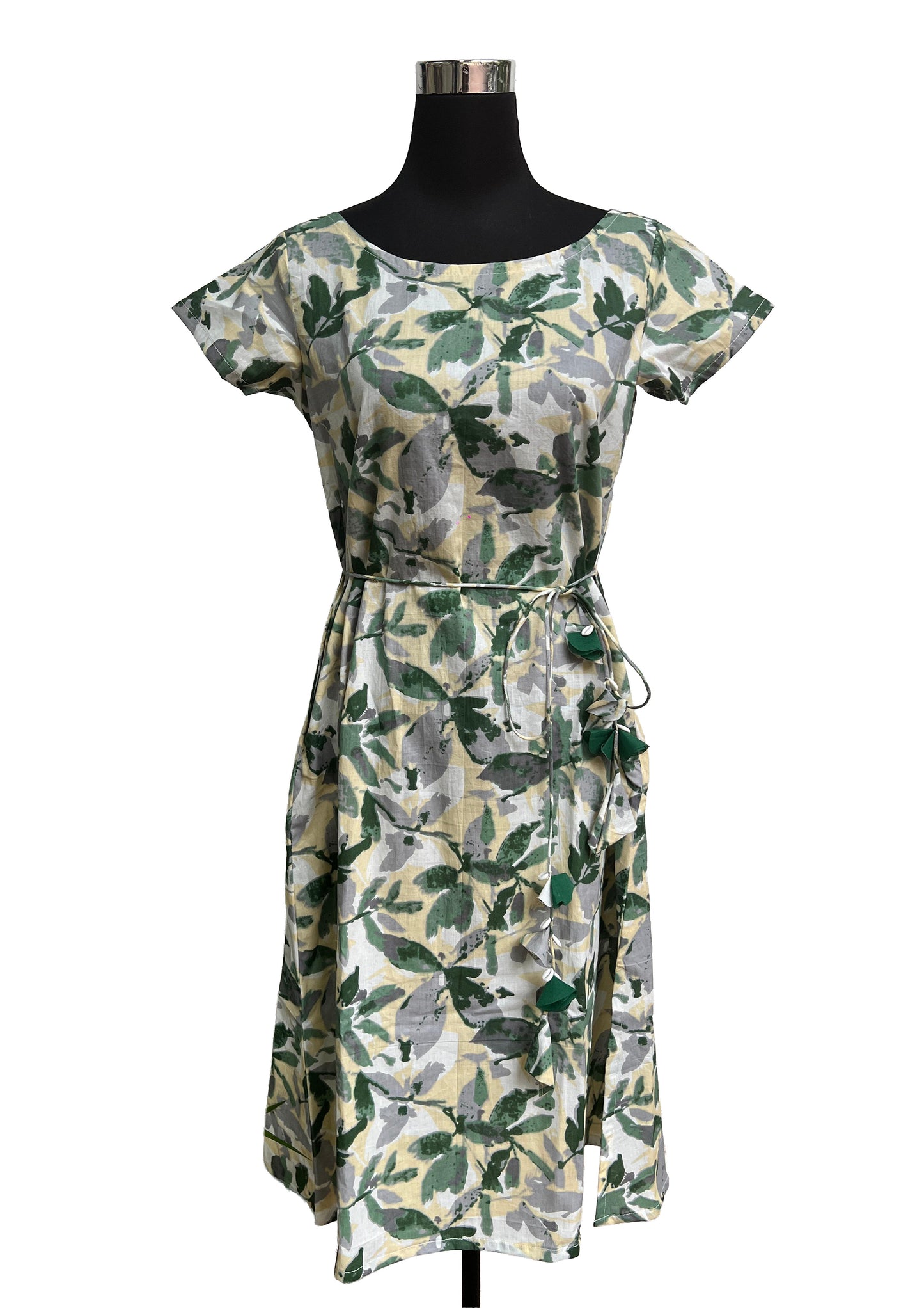 Women’s Leaf Print Cotton Midi Dress with Waist Tie