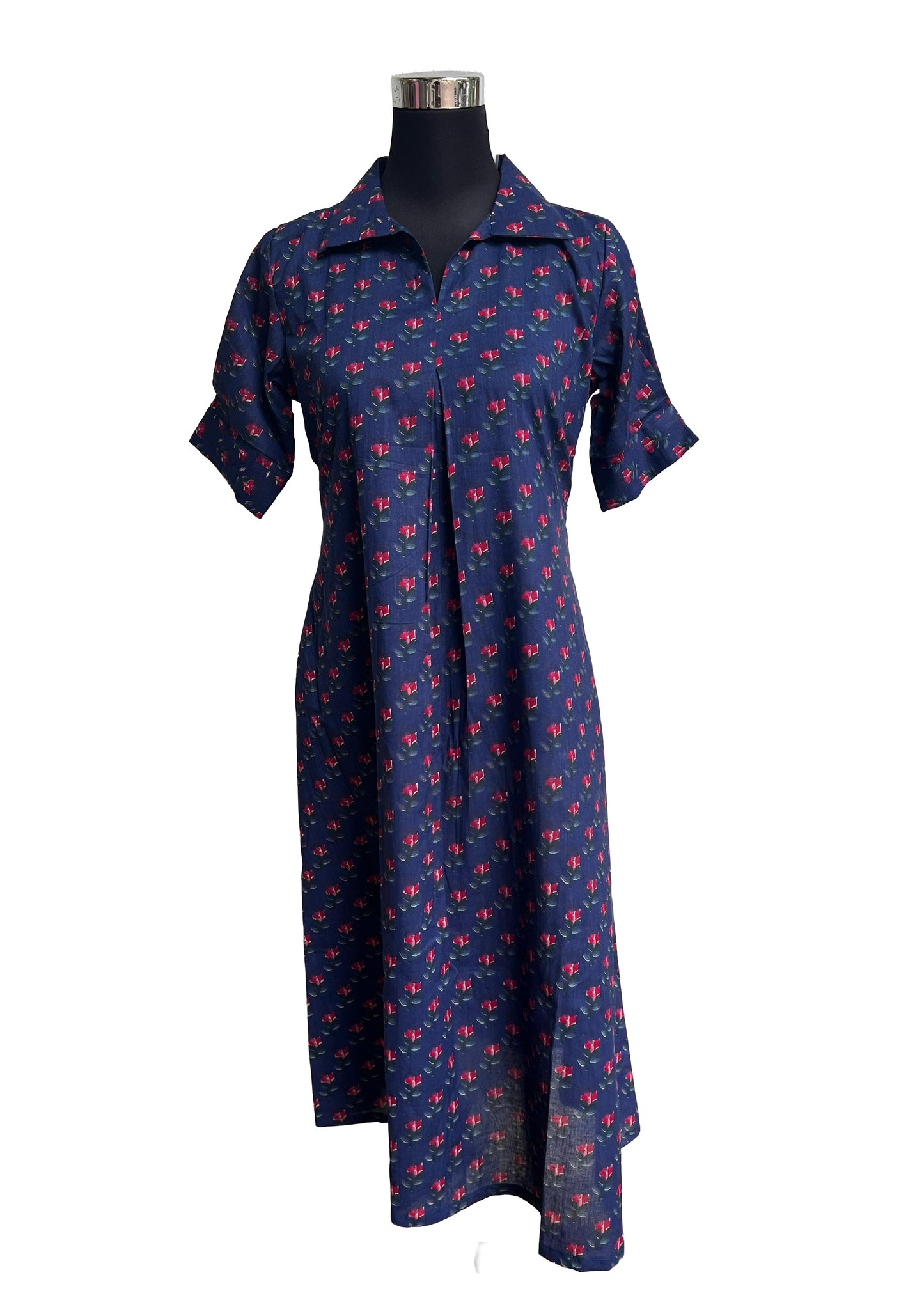 Western Collared Dress – Navy Blue Floral Print A-Line for casual