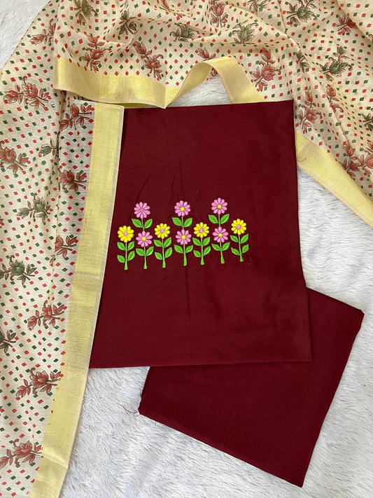 Women's Maroon Floral Embroidered Cotton Suit Set with Printed Dupatta