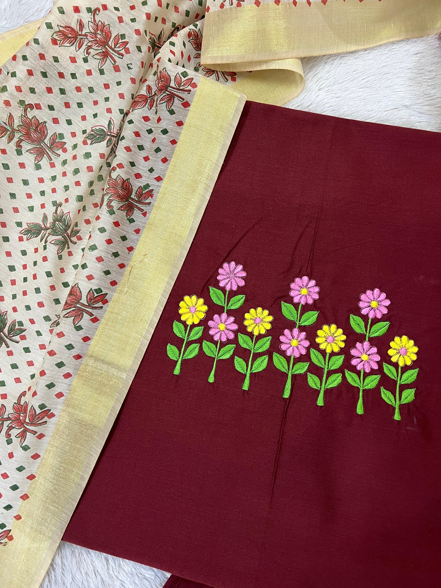 Women's Maroon Floral Embroidered Cotton Suit Set with Printed Dupatta