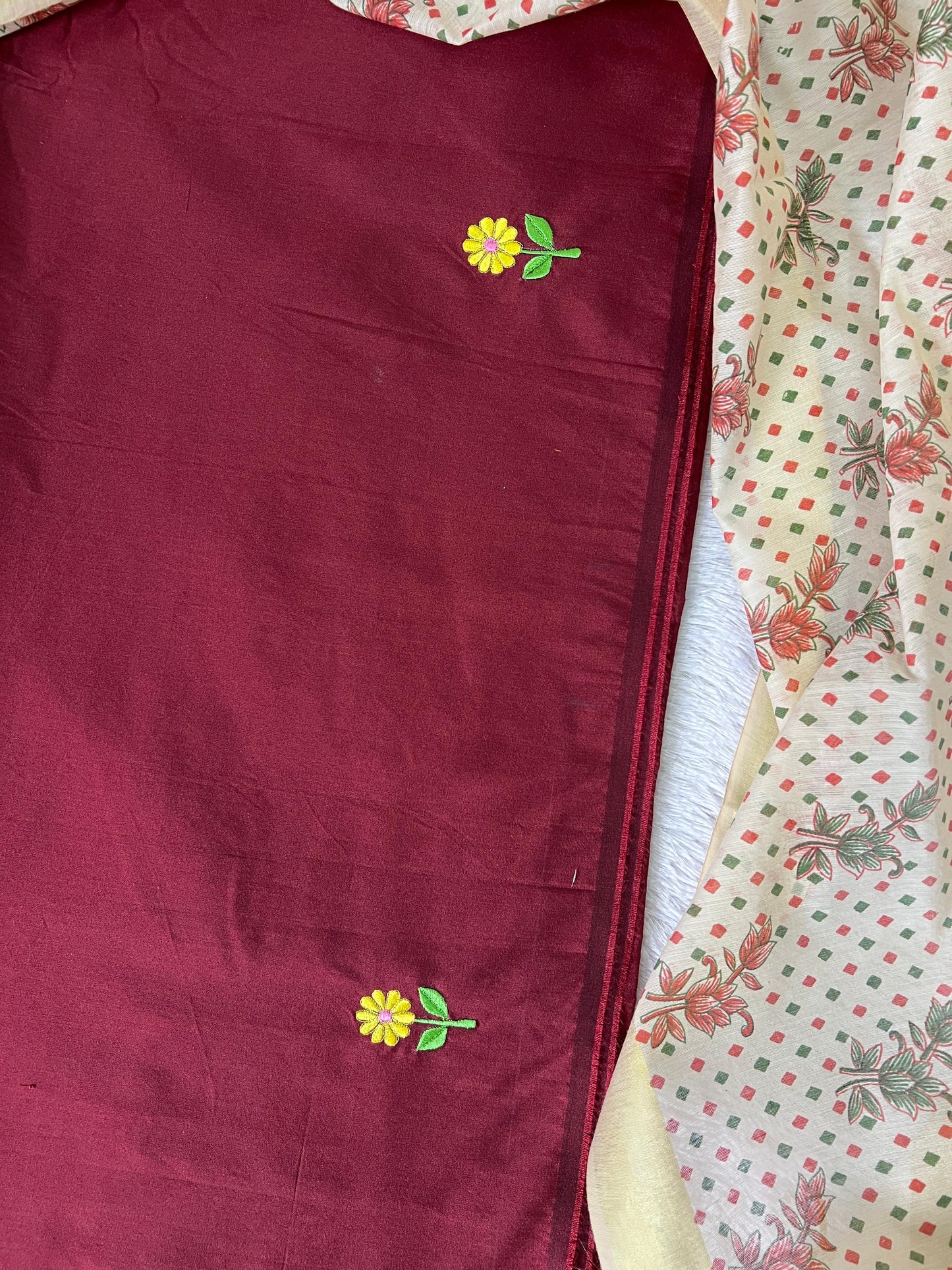 Women's Maroon Floral Embroidered Cotton Suit Set with Printed Dupatta