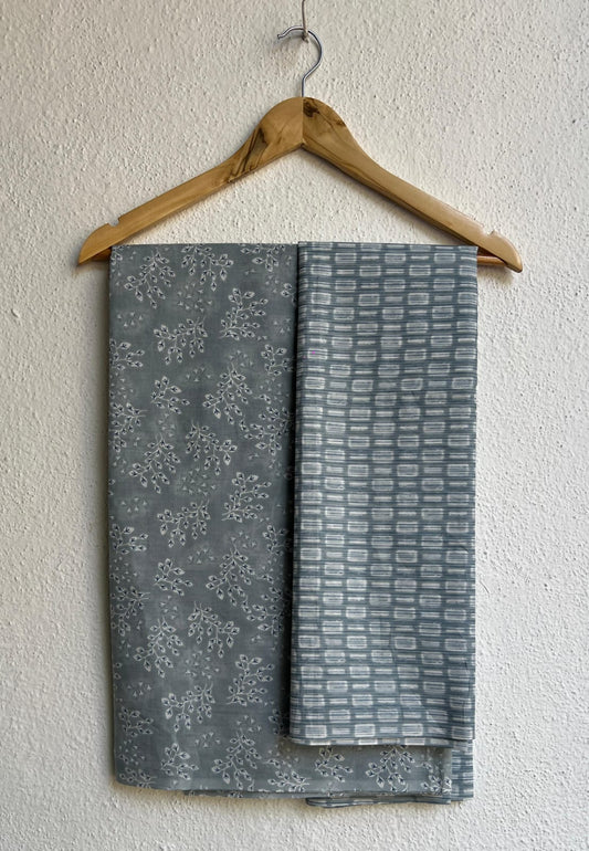 Women's Grey Floral & Ikat Cotton Dress Material Set