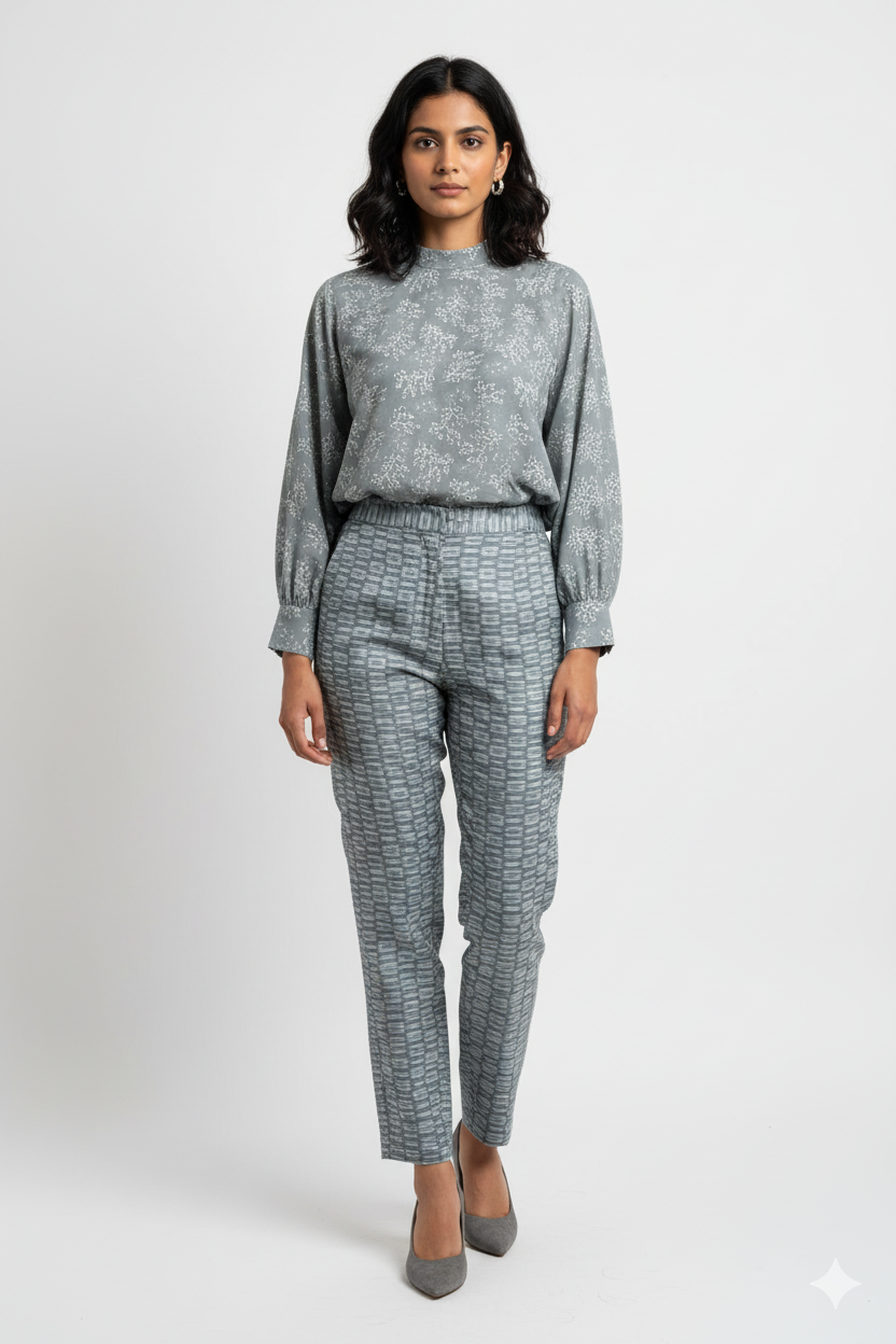 Women's Grey Floral & Ikat Cotton Dress Material Set