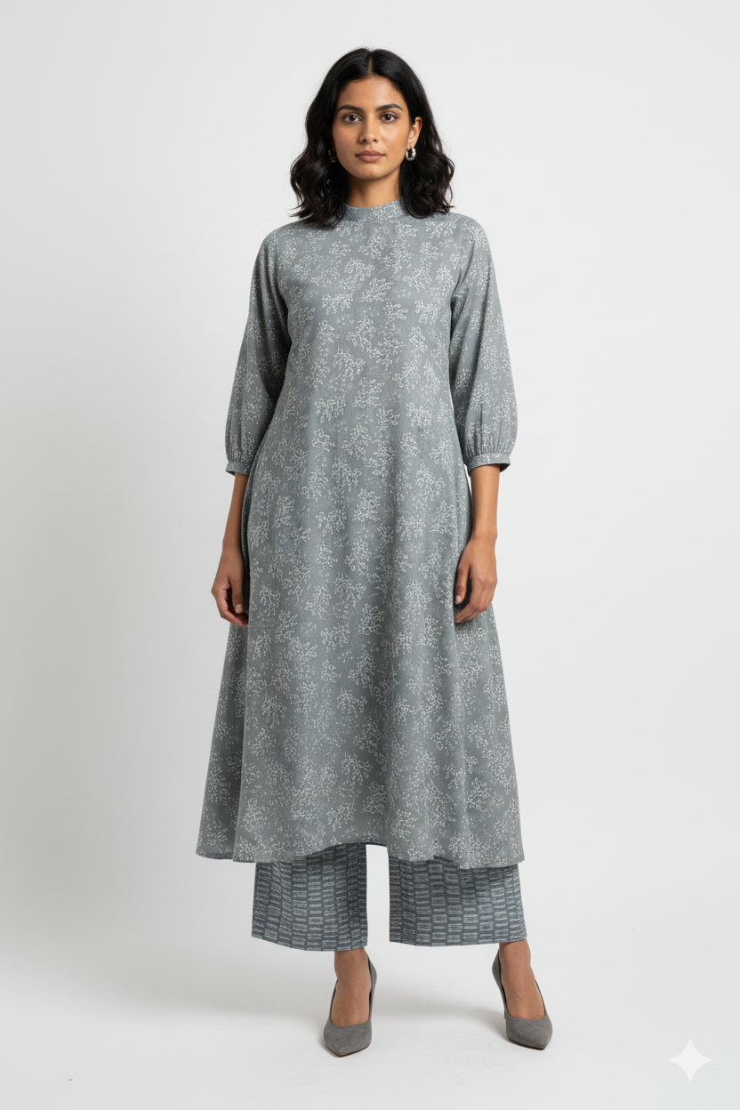 Women's Grey Floral & Ikat Cotton Dress Material Set