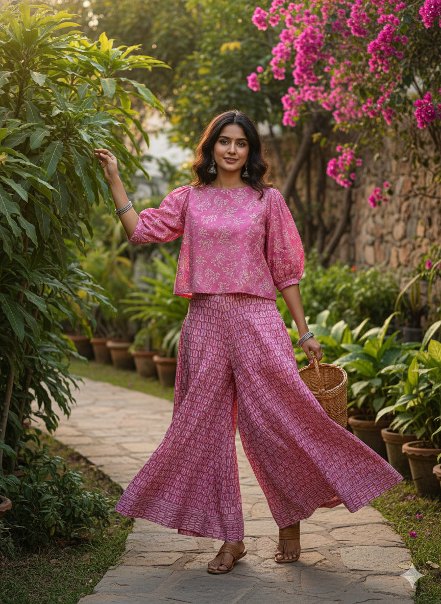 Women's Pink Floral & Geometric Cotton Dress Material Set