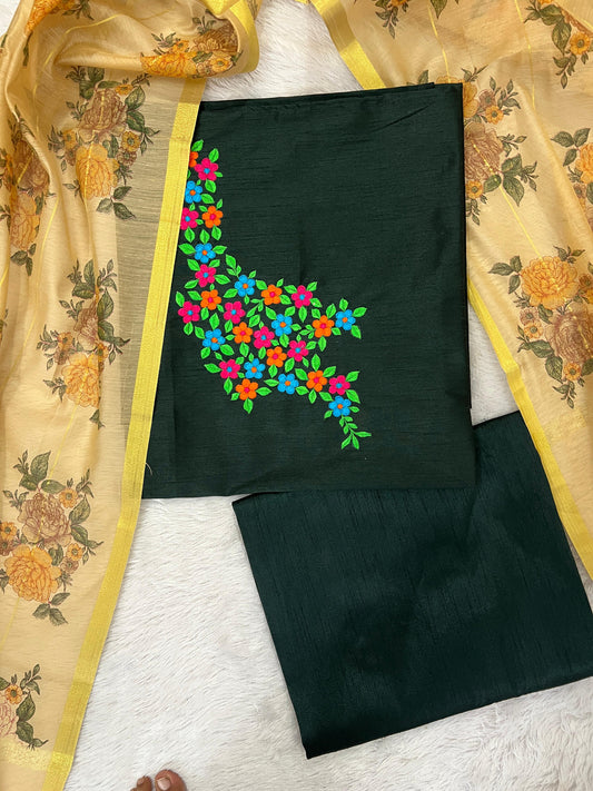 Women's Exclusive Emerald Bloom Embroidered Dress Material with Floral Dupatta