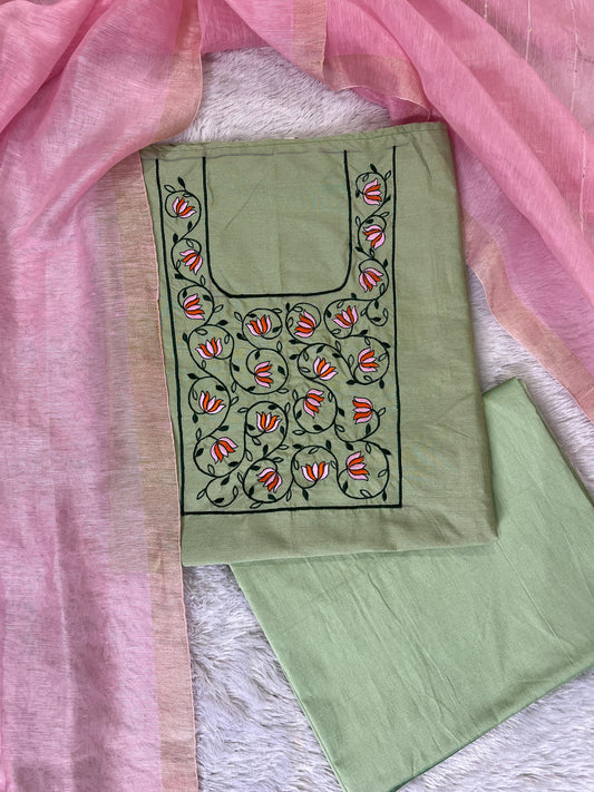 Women's Sage Green Floral Embroidered Cotton Dress Material Set with Pink Dupatta