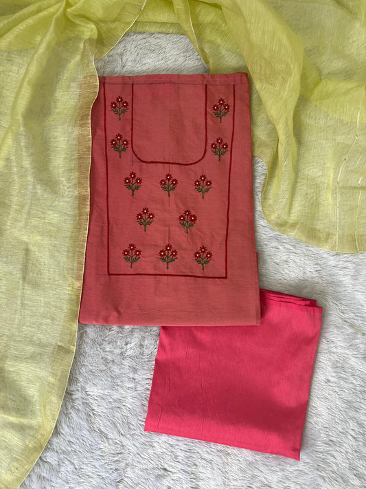 Women's Rose Pink Daisy Embroidered Cotton Suit Set with Lemon Dupatta