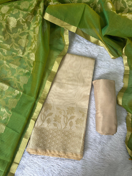 Women's Ivory & Green Banarasi Woven Cotton Dress Material Set